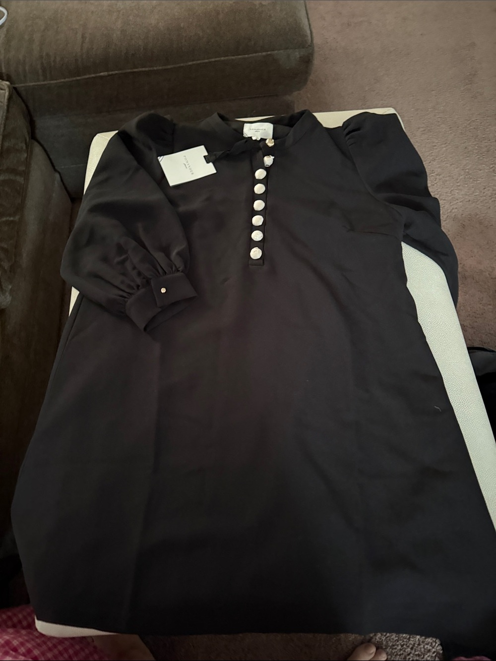 Black Puff Sleeve Dress with Gold Buttons - Picture 4 of 4